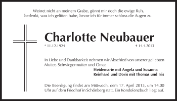 Traueranzeige von Charlotte Neubauer von Pegnitz-Zeitung